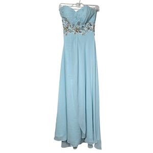 Star Box Pleated Beaded Light Blue Strapless Maxi Dress XS